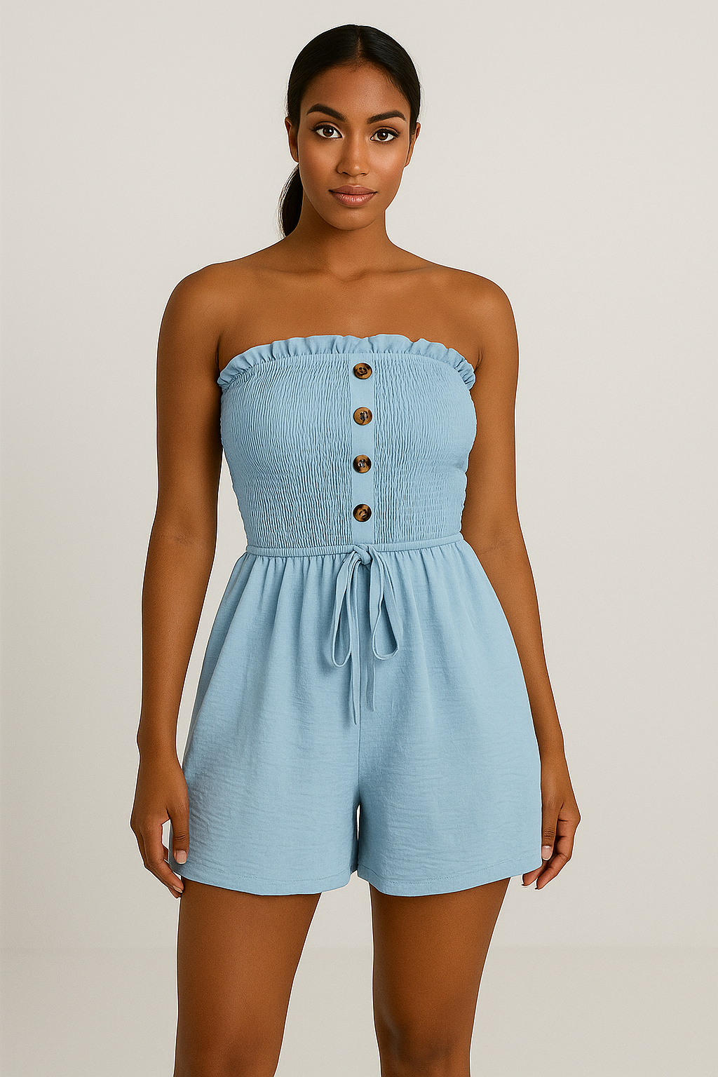 Combishort bustier femme à smocks et boutons décoratifs