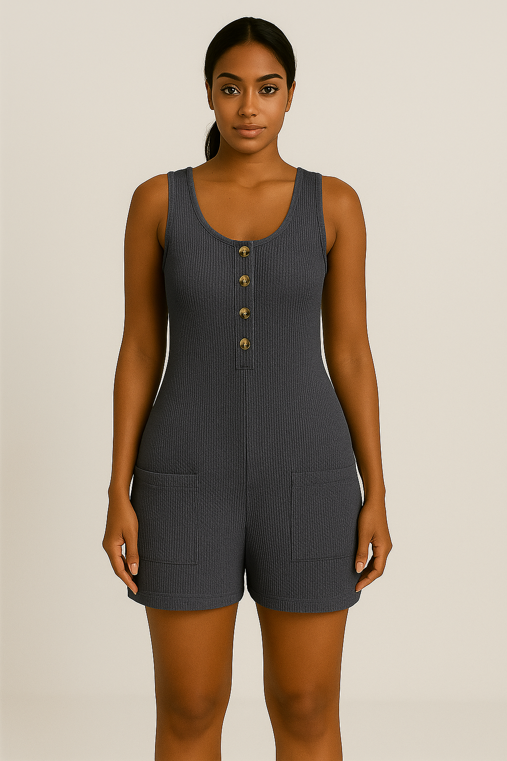 Combishort casual femme sans manches à boutons dorés