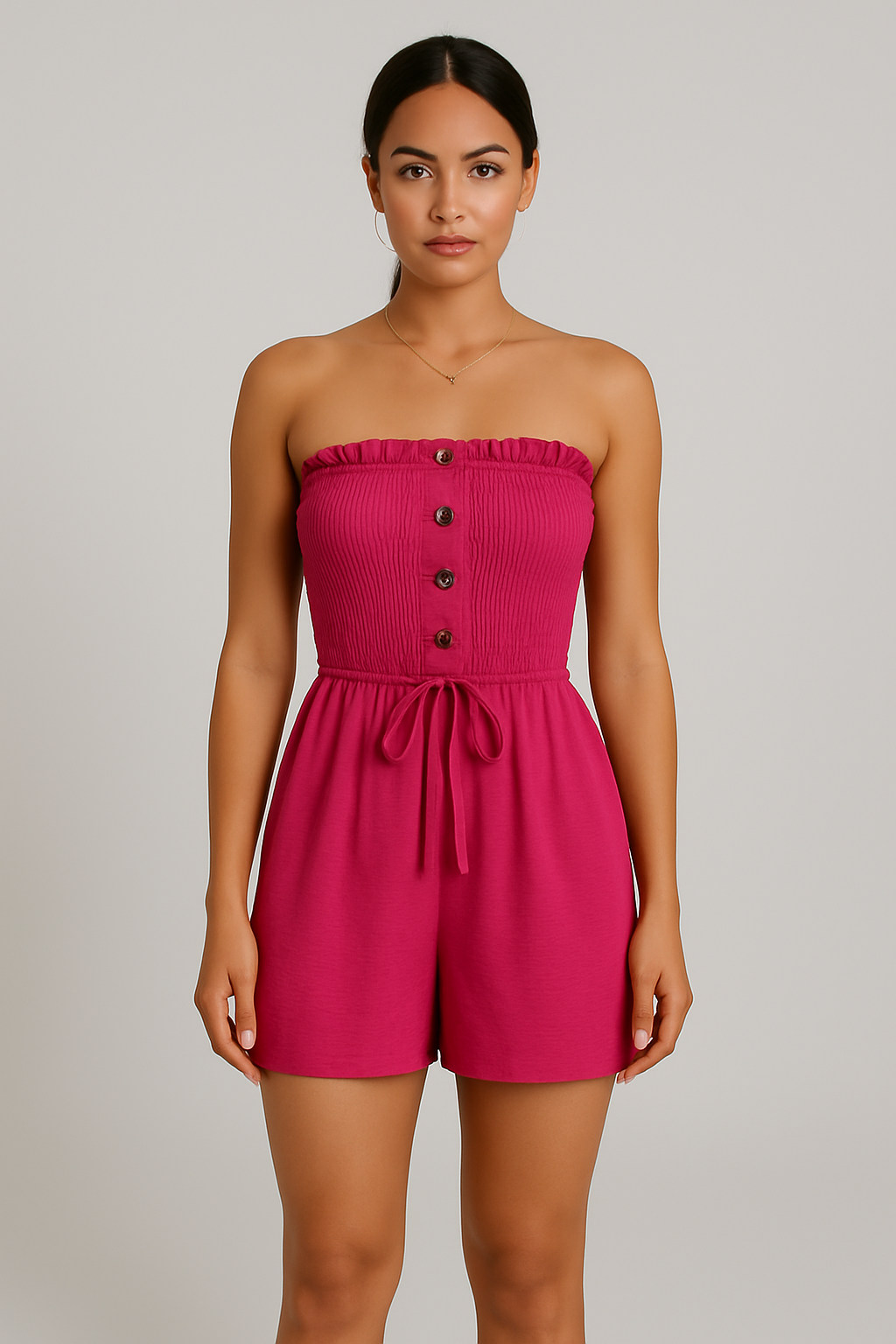 Combishort bustier femme à smocks et boutons décoratifs