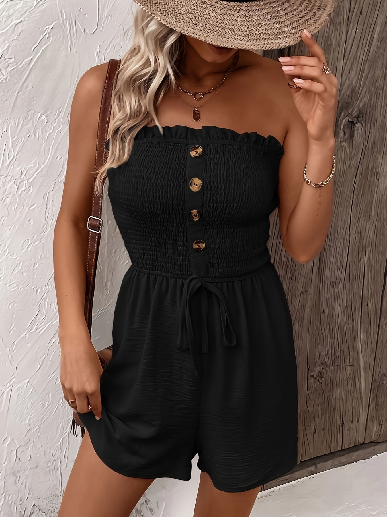 Combishort bustier femme à smocks et boutons décoratifs