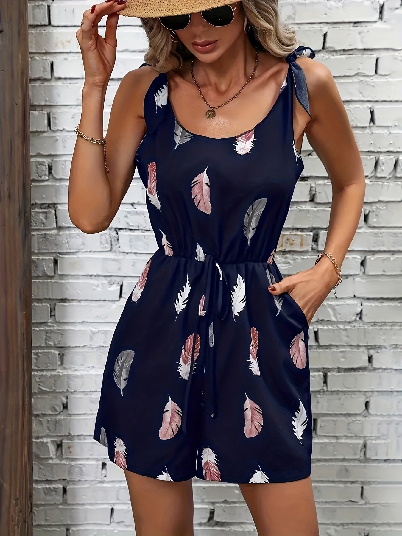 Combishort femme à imprimé plume et bretelles nouées