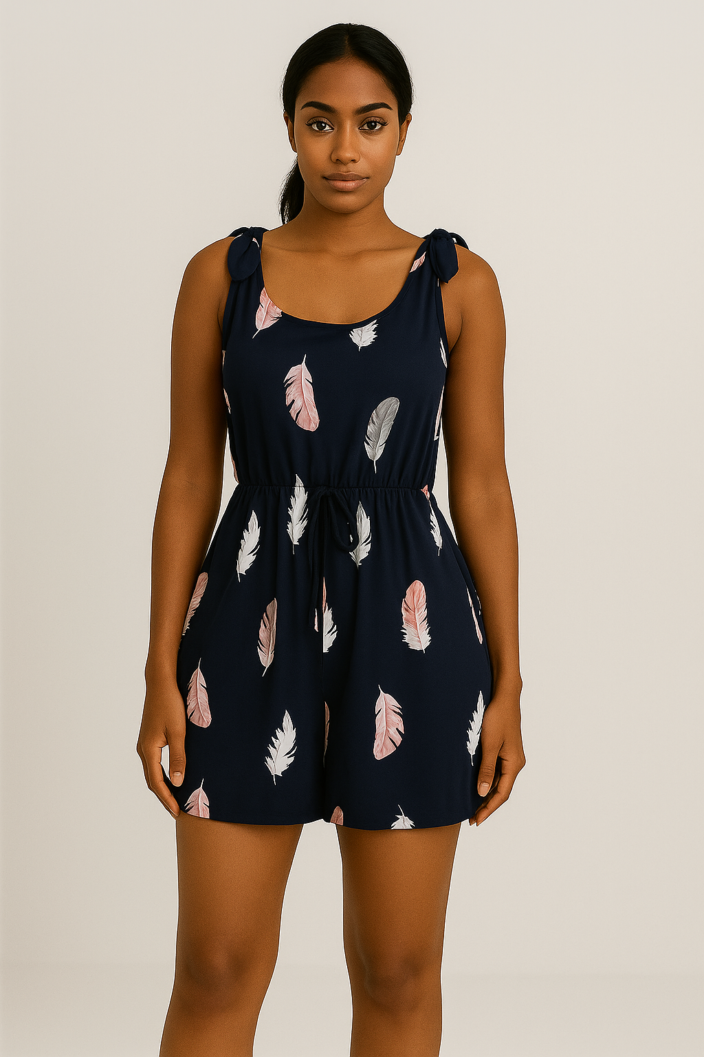 Combishort femme à imprimé plume et bretelles nouées