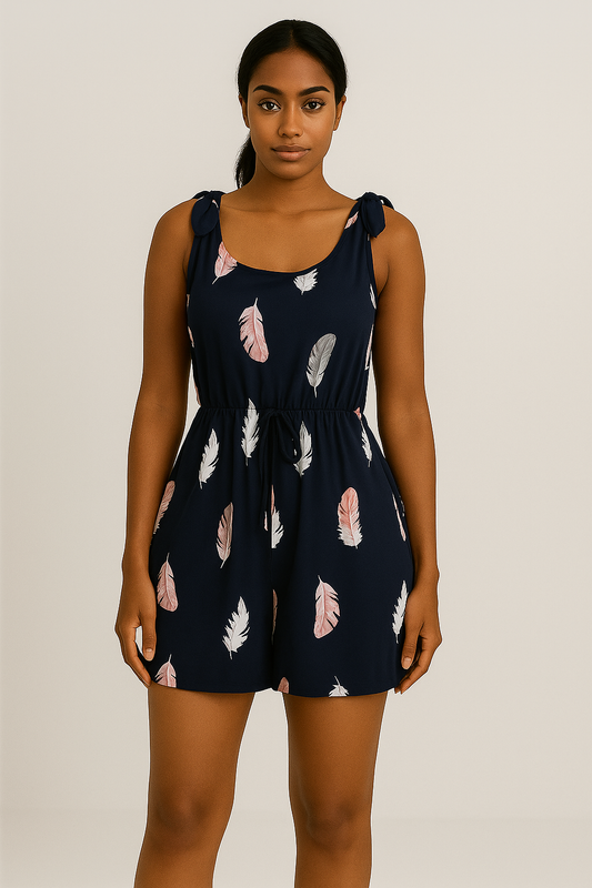 Combishort femme à imprimé plume et bretelles nouées